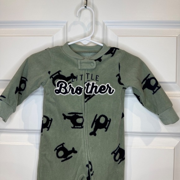 Carters Baby Size 6 Months Green Helicopter Little Brother Fleece Footed Pajamas - Picture 2 of 4
